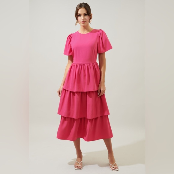 NWT SUGARLIPS Sweet Nothing Tiered Midi Dress  in Fuchsia Pink Size Medium - Picture 13 of 16